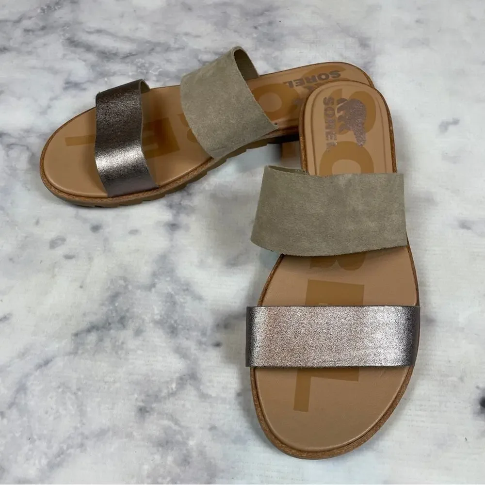 Sorel Ella II Suede Metallic Double Strap Slide Sandals NWOB Sz 8